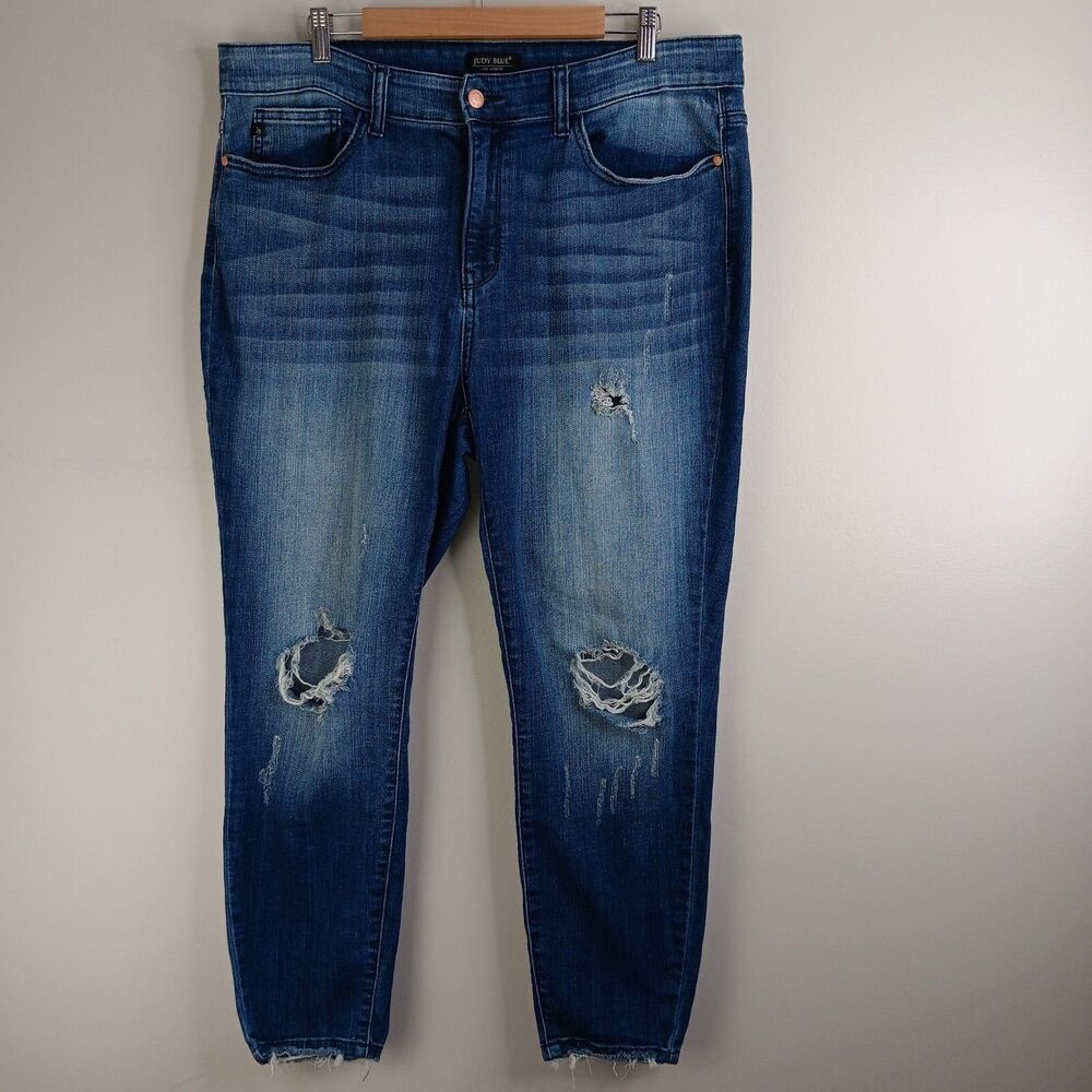 Judy Blue Women's Jeans Skinny Fit Distressed Denim Blue Raw Hem Size 18W